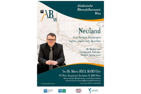 Flyer Konzertbewerbung Links Bild Dirigent, daneben Details zu Konzert wie in Text auf Webseite