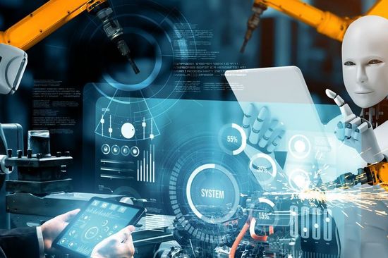 A futuristic industrial scene where a human wearing a virtual reality headset collaborates with a humanoid robot. The human interacts with advanced digital interfaces displayed on transparent screens, while the robot operates machinery with precision. Both are engaged in a high-tech environment that features robotic arms, data visualizations, and digital systems, symbolizing the synergy between human intelligence and robotic automation.