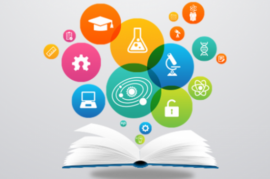 Grafik eines aufgeschlagenen Buches, aus dem bunte Kreise mit Symbolen für Wissenschaft und Open Access aufsteigen.