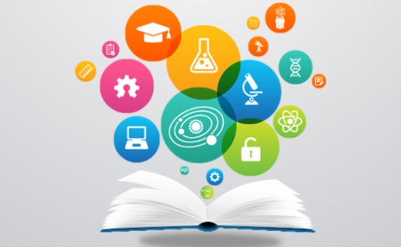 Graphic of an open book from which colourful circles with symbols for science and Open Access arise.