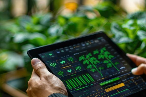 Tablet mit Pflanzen abgebildet, im Hintergrund ebenfalls Plfanzen