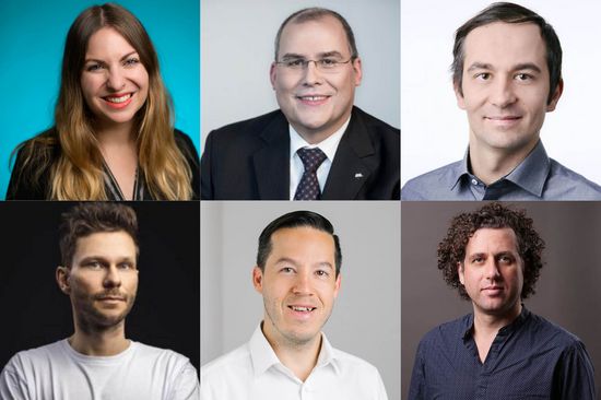 Collage Professor_innen oben: Jessica Rebecca Cauchard, Dieter Grebe und Patrick Huber (von links) unten: Gerald Schweiger, Dominik Brok und Michael Pinsker (von links)