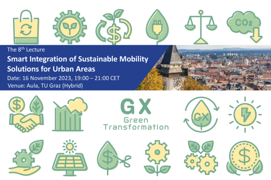 Zeichen für Green Transformation im Hintergrund, im Vordergrund weißer Text auf Blau mit Vortragsankündigung als Streifen über dem Bild, rechte Seite: Uhrturm und Stadt Graz von oben.