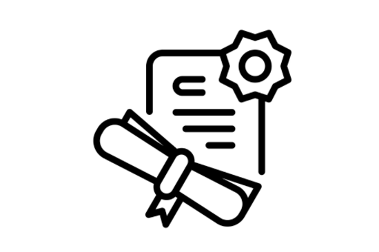 The icon of a certificate with a seal, in front of it a rolled-up certificate tied with a ribbon.