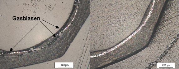 Abb.3: CFK-Bogen vor der Optimierung mit (links) und nachher ohne (rechts) unerwünschten Gasblasen