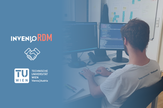 On the right a photo of Maximilian Moser at his desk, on the left the logos of InvenioRDM and TU Wien, in between the graphic of a handshake.
