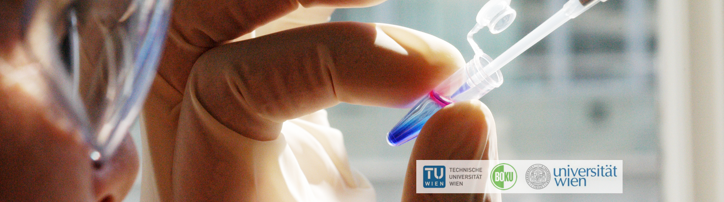 Eine Hand in einem Labor mit Pipette mit Logos der BOKU, TU Wien und Uni Wien