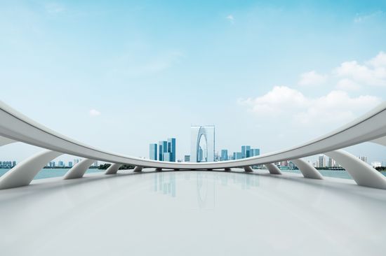 Leerer Ziegelboden und Stadtbild einer modernen Stadt 