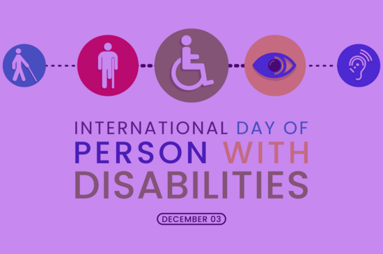Plakat zum Internationalen Tag der Menschen mit Behinderungen, violett, im oberen Bildbereich bunte Kreise, die auf unterschiedliche Behinderungen hinweisen
