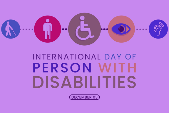 Plakat zum Internationalen Tag der Menschen mit Behinderungen, violett, im oberen Bildbereich bunte Kreise, die auf unterschiedliche Behinderungen hinweisen