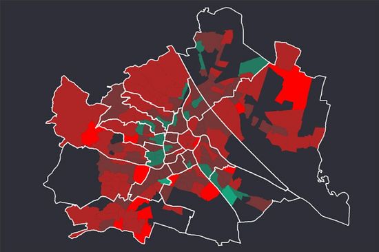 Wienkarte, eingefärbt nach Mietpreisen