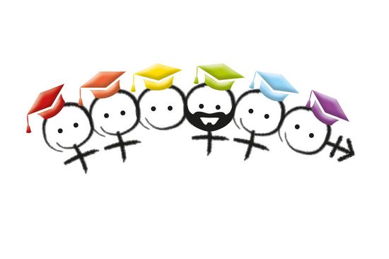 Six circles next to each other. Four of the circles are extended into a Venus symbol, one into a Mars symbol. Inside each circle are two dots that look like two eyes. All circles have doctoral hats. One circle has a beard.