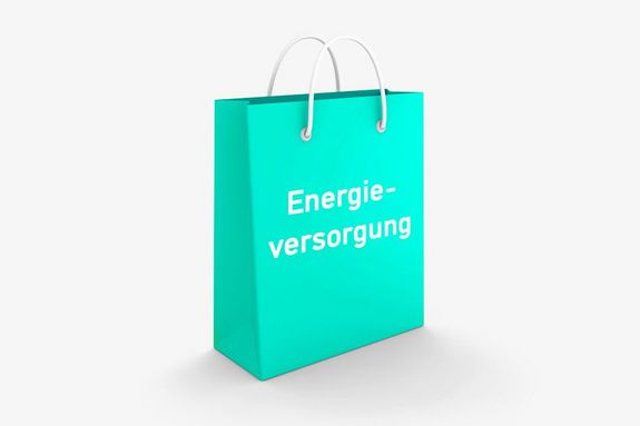 Türkises Sackerl mit der Aufschrift "Energieversorgung"
