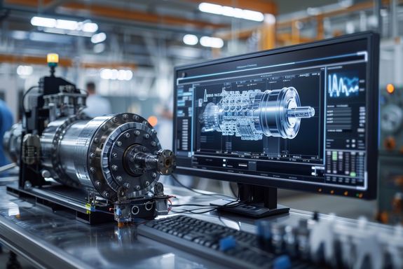 Physische Maschine auf einem Tisch, dahinter ein digitales Abbild auf einem Bildschirm