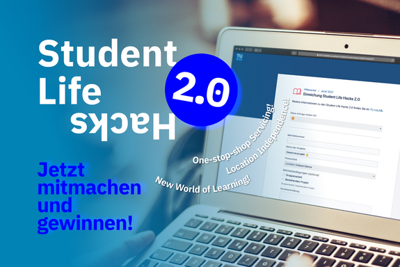 Aufgeklappter Laptop mit Anmeldeseite zu Student Life Hacks 2.0. "Jetzt mitmachen und gewinnen" 