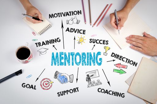 Word-Cloud zu Mentoring, von oben 3 Hände, die schreiben, Kaffeetasse links im Bild