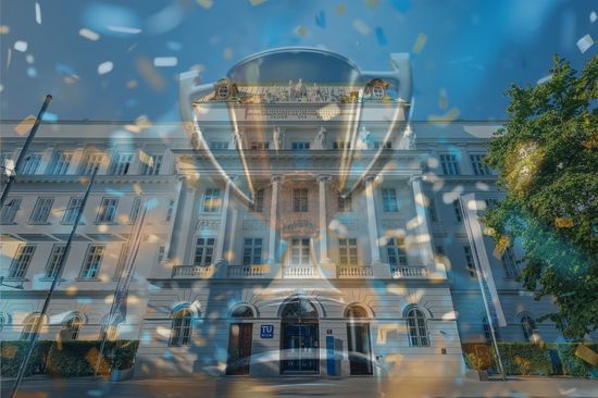 Frontansicht des TUW-Hauptgebäudes - darübergelegt ein Pokal mit Konfetti