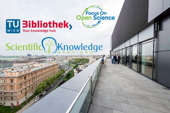 Aussicht vom TUtheSky Plusenergiehochhaus über einen Teil von Wien, die Logos der Veranstalter und des Events sind am Himmel positioniert.