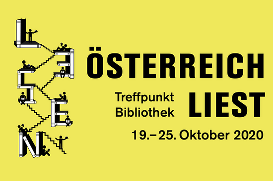 Gelb-schwarzes Sujet zu Österreich liest, Treffpunkt Bibliothek, 19. bis 25. Oktober 2020