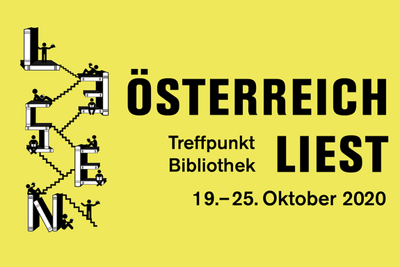 Gelb-schwarzes Sujet zu Österreich liest, Treffpunkt Bibliothek, 19. bis 25. Oktober 2020