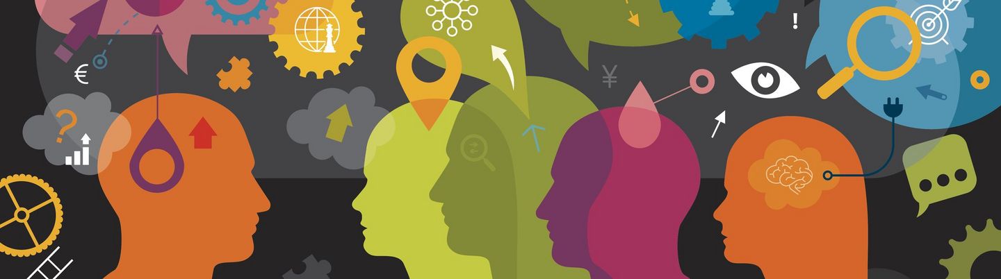 Heads in different colours with gears