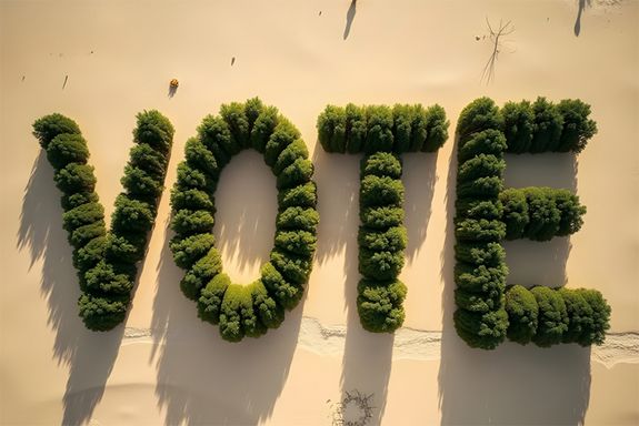 In der Mitte des Bildes sieht man das Wort Vote, das aus Bäumen gebildet wird. Das Wort ist auf Sand gelegt - das Ganze wirkt, als wäre man in der Wüste. Das Bild wurde KI-generiert. 