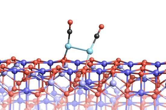 Zwei Platinatome auf der Magnetitoberfläche können eine Bindung eingehen, wenn sie mit CO-Molekülen verbunden sind.