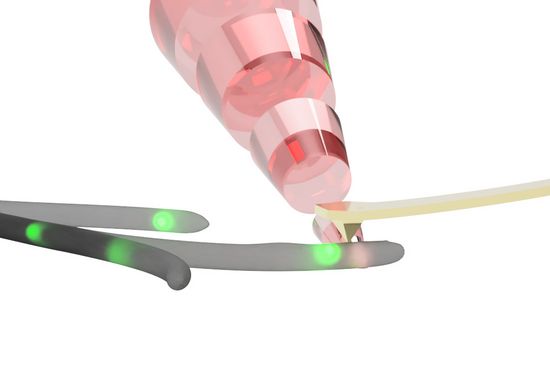 Der gepulse Infrarotlaserstrahl (rot) ist auf die Spize des AFM Hebels fokussiert.