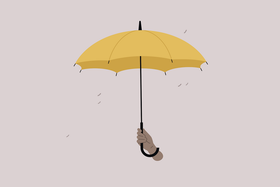 gelber Regenschirm auf blassrosa Hintergrund. Zeichnung