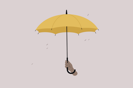 gelber Regenschirm auf blassrosa Hintergrund. Zeichnung
