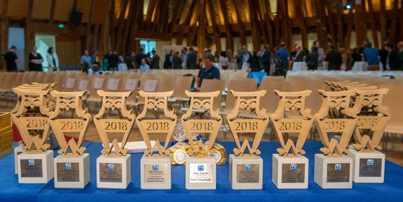 The Best Teaching Award trophies stand side by side on a table.