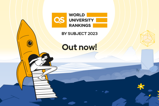 Grafik mit gelb-blauem Hintergrund und oranger Rakete im Vordergrund, aus der eine Person aussteigt. Schrift QS-Subject-Ranking 2023. Out now!