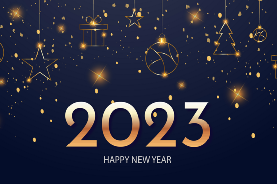 Grafik mit dem Text "2023 happy new year" und weihnachtlichen Symbolen
