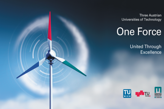 Keyvisual TU Austria, Windrad mit den Logos der drei technischen Universitäten