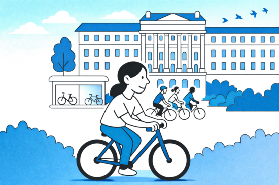 Grafische Darstellung des Hauptgebäudes der TU Wien mit Radfahrer_innen davor. Ganz im Vordergrund eine fahrradfahrende Person mit Pferdeschwanz. In blau-weiß gehalten.