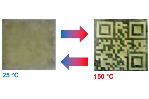 a greenish plastic object, next to it the same object after heating, showing a QR-code