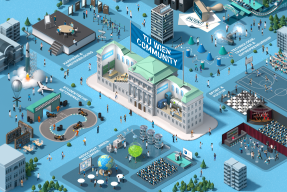 Grafik wie auf einem Spielbrett mit dem Hauptgebäude der TUW auf dem ein Banner zu sehen ist: "TUW Community"