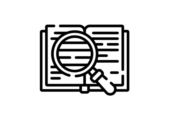 The image shows the icon of an open book in black and white. A magnifying glass enlarges part of the text written in the book. This text is not legible, as it consists only of faint lines.