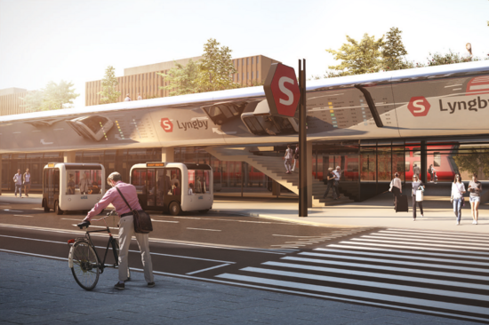 Straßenszene mit öffentlichen Verkehrsmitteln