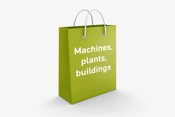 machines, plants, buildings green bag with the headline: machines, plants, buildings