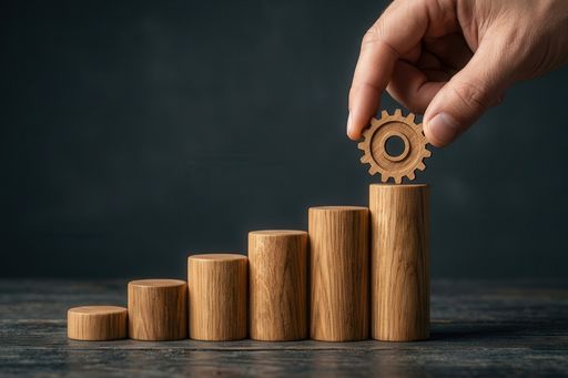 Unterschiedlich hohe Holzklötze stehen in aufsteigender Reihe nebeneinander. Über dem höchsten Klotz hält eine männliche Hand ein Zahnrad aus Holz. 