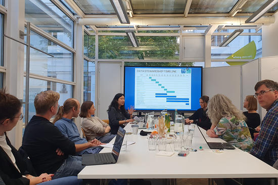 Das Foto zeigt im Vordergrund neun Personen an einem Tisch und im Hintergrund einen Monitor mit einem Gantt-Diagramm.