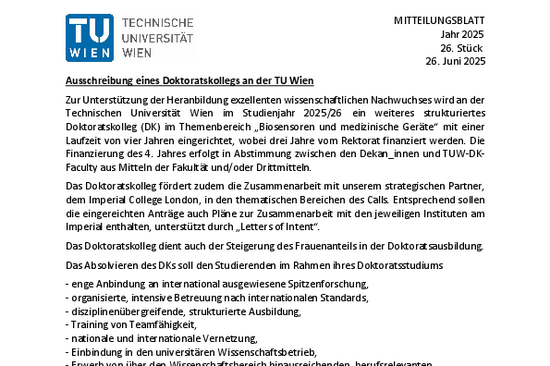 Ausschreibung für DK zu Biosensoren und medizinischen Gerätem