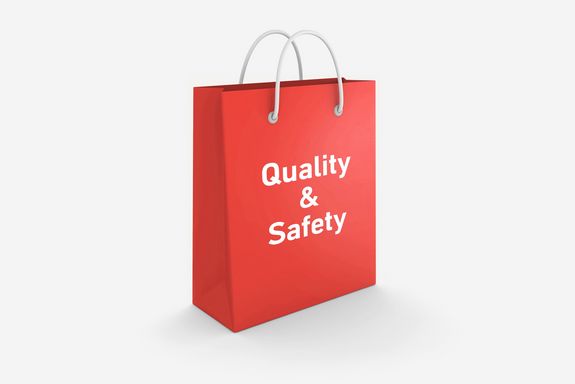 red bag labeled "Quality and Safety"