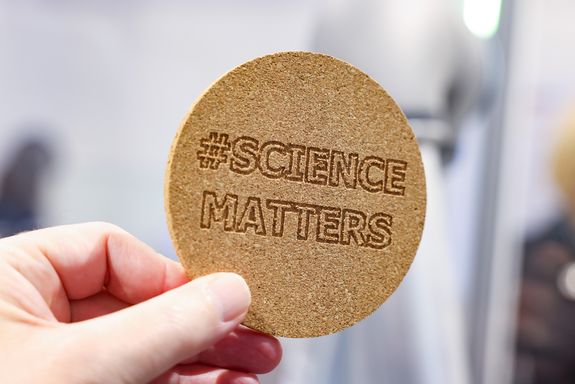 Geritzter Schriftzug auf Holzplatte "#Science Matters"