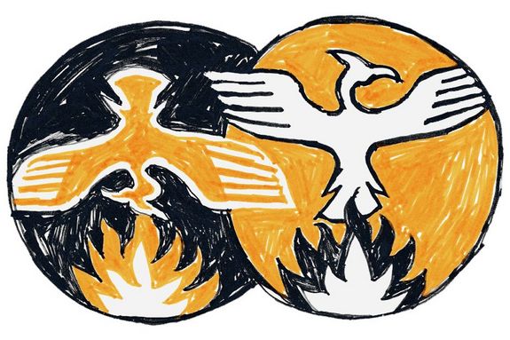 Logo des Festivals, zwei gezeichnete Tauben