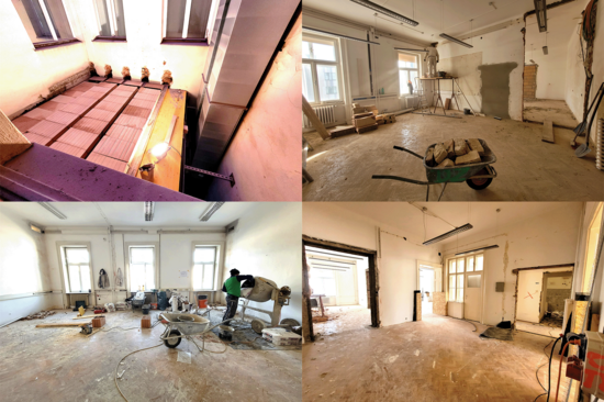 Collage mit vier Bildern von Baustellen, drei davon in Innenräumen, links oben ein Lichthof.