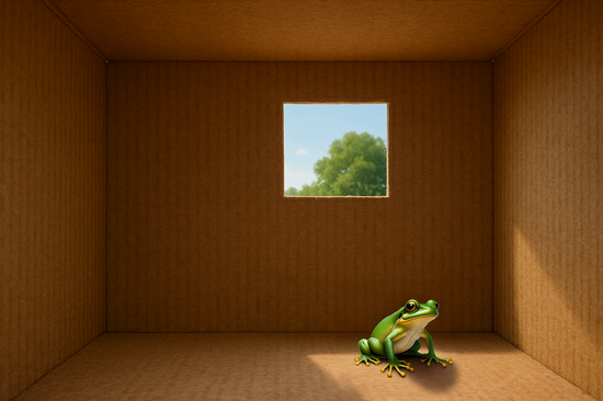 Frosch im Inneren einer Box mit Öffnung