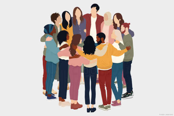 Grafik: eine Gruppe von Menschen aus verschiedenen Ländern und Kulturen stehen im Kreis mit den Armen auf den Schultern