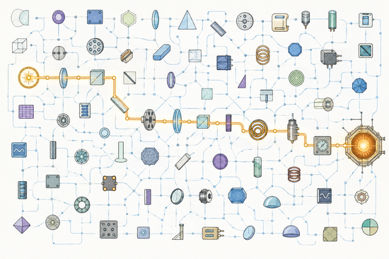 A large number of illustrated scientific instruments; a glowing line connects some of them.